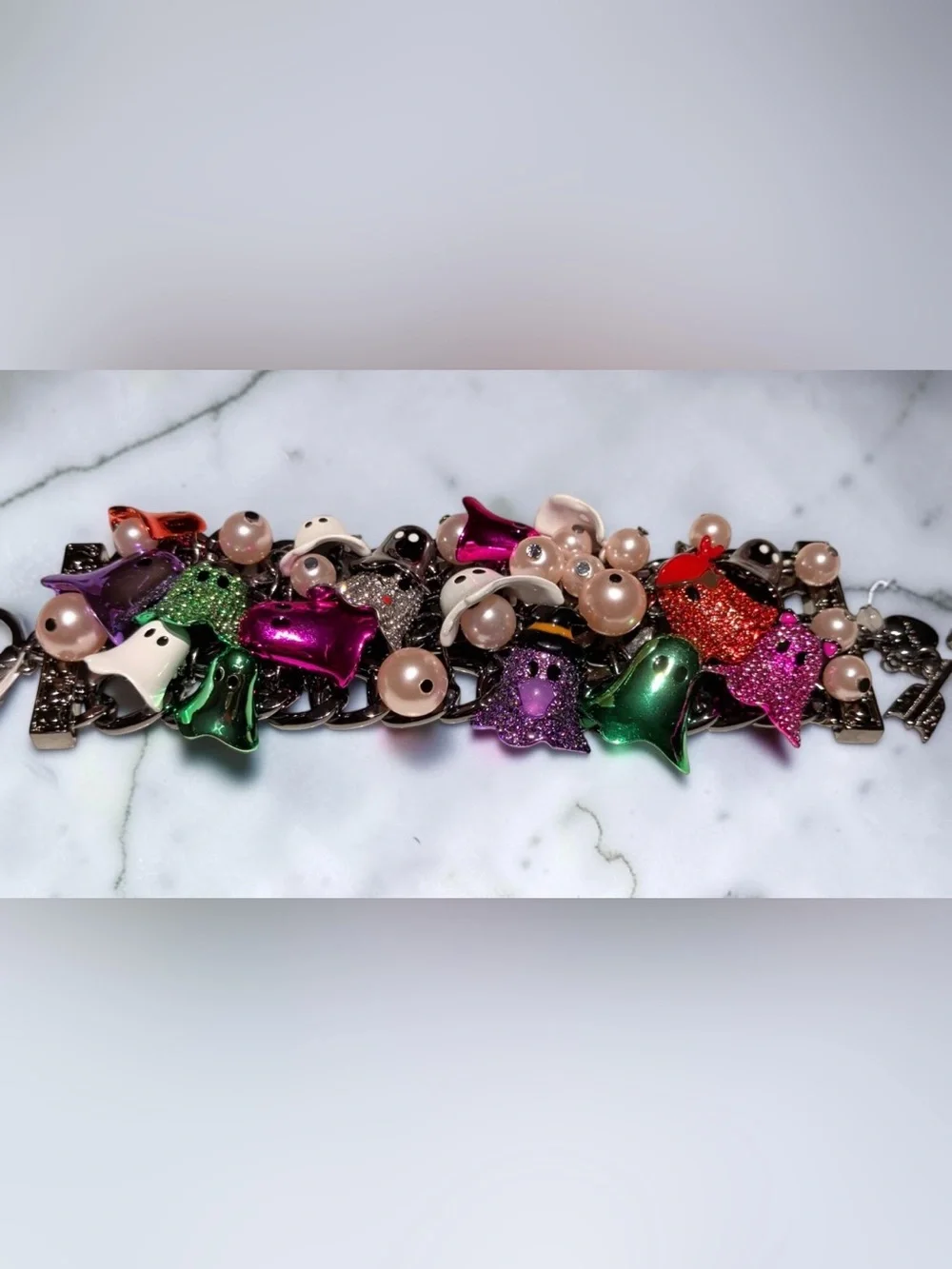 BETSEY JOHNSON Halloween Shiny Costumed Ghosts Statement Charm Bracelet NEW NWT